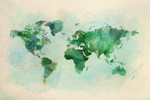 Akustikbild «Weltkarte Aquarell - Grün- und Blautöne» 90 x 60cm | verschiedene Grössen